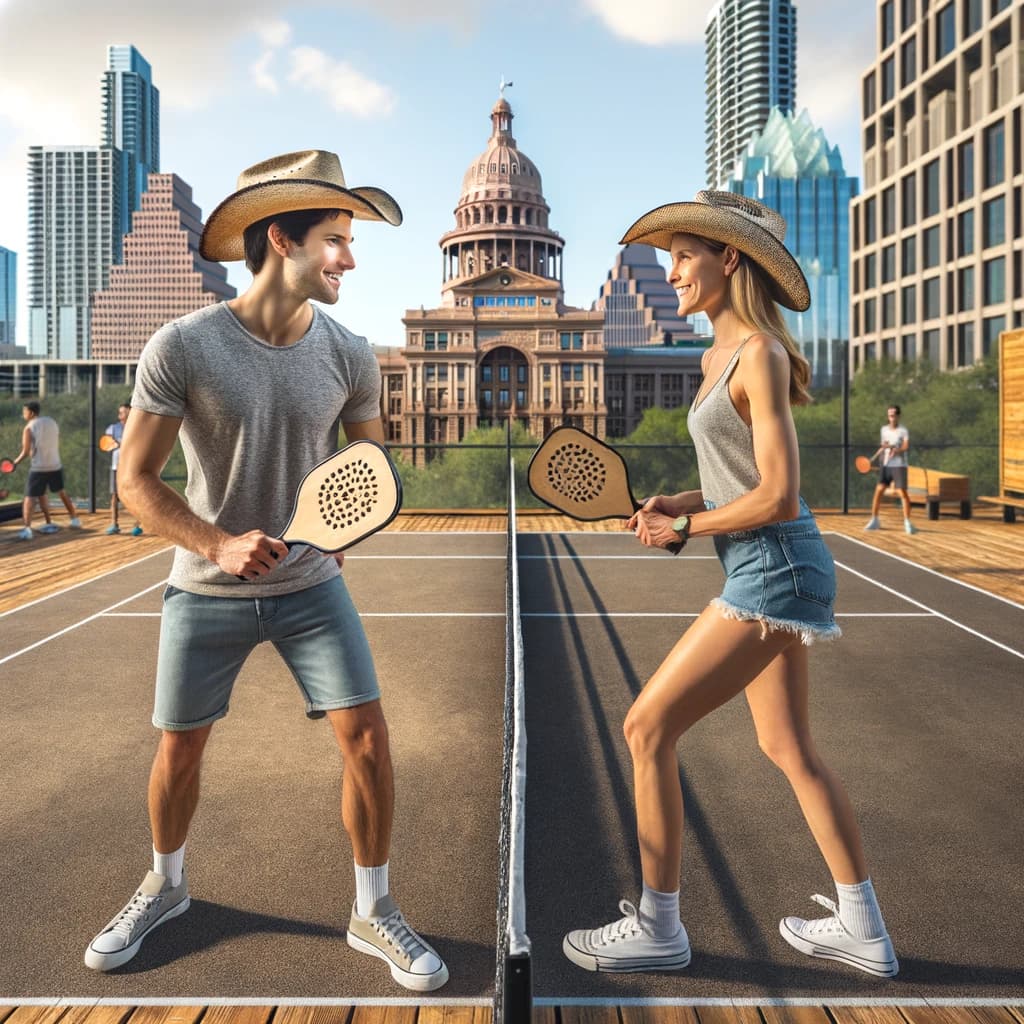 A young man and woman in cowboy hats are having fun playing Pickleball in front of the state capitol in Austin, TX 